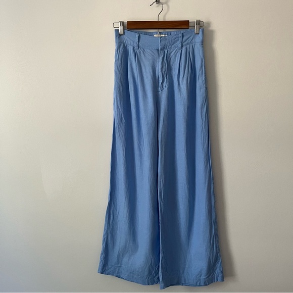 Abercrombie & Fitch Sloane Tailored Wide Leg Pants Linen Blue Small Short - Picture 2 of 13